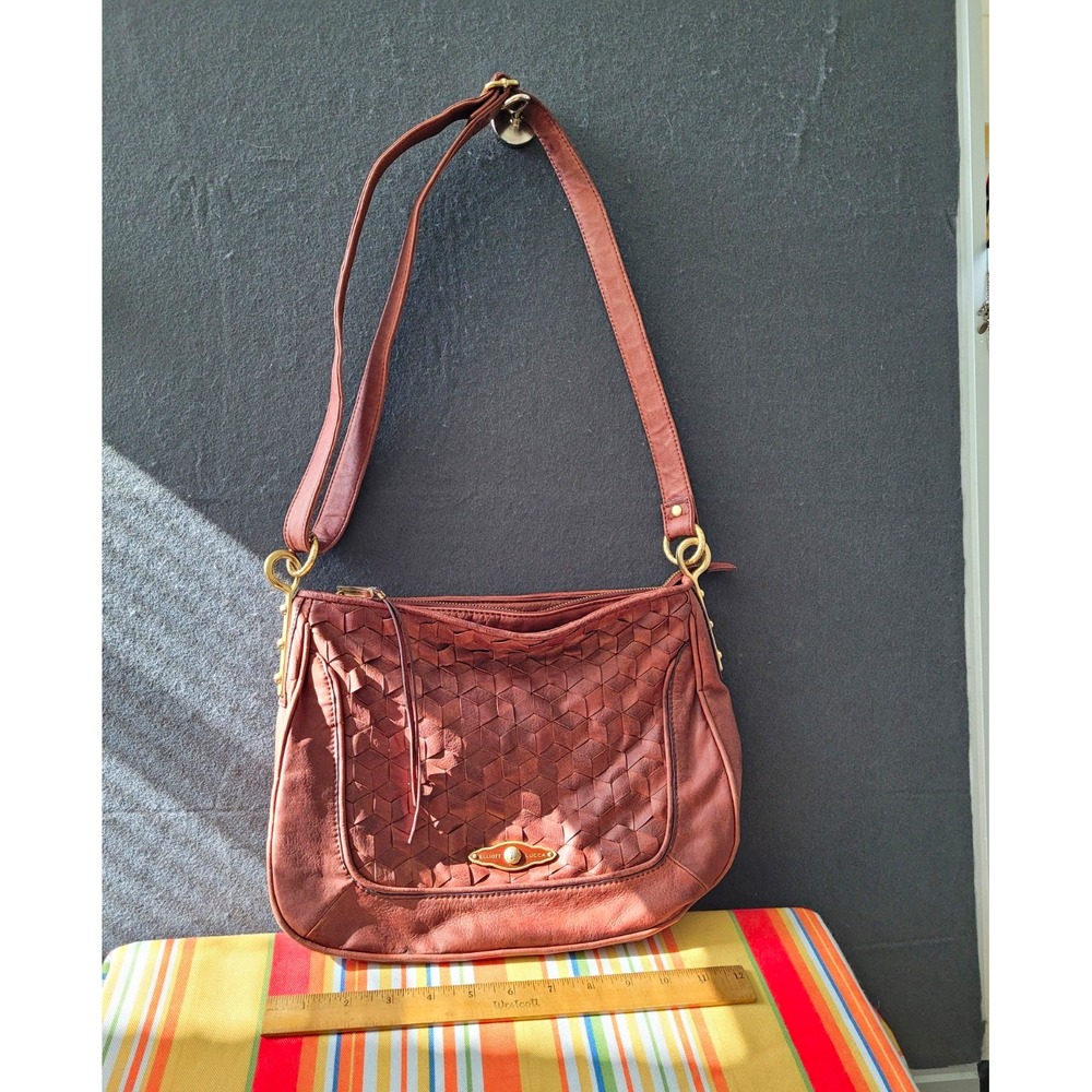 Elliott Lucca Brown Woven Shoulder Bag, Zip Closure, Pebbled, Gold HW